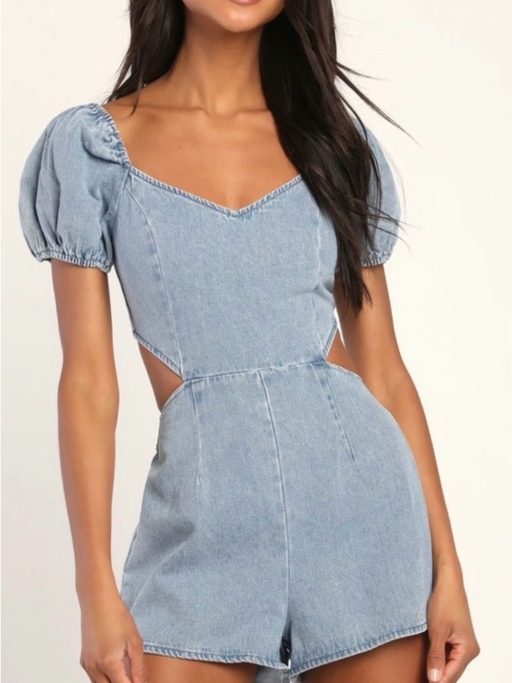 Lulu's Light Wash Denim Romper with Elastic Waist
